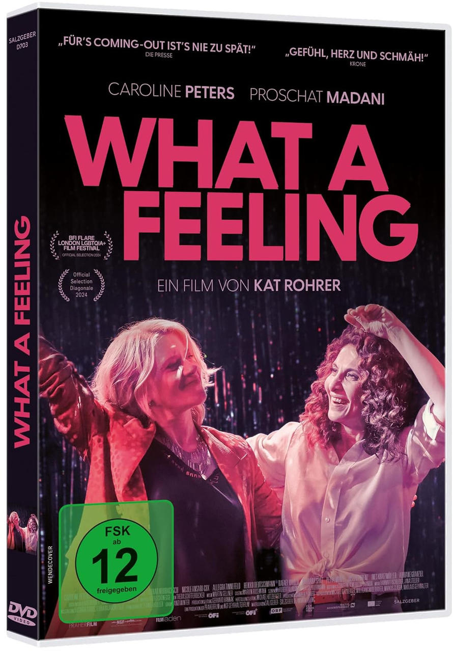 DVD-Cover: zwei Frauen lächeln, großer rosa Text 'WHAT A FEELING', Filmtitel.