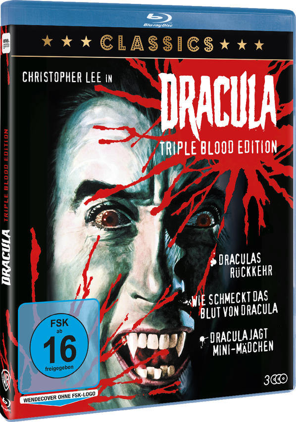 Dracula DVD-Cover mit Christopher Lee, Blut und Text.