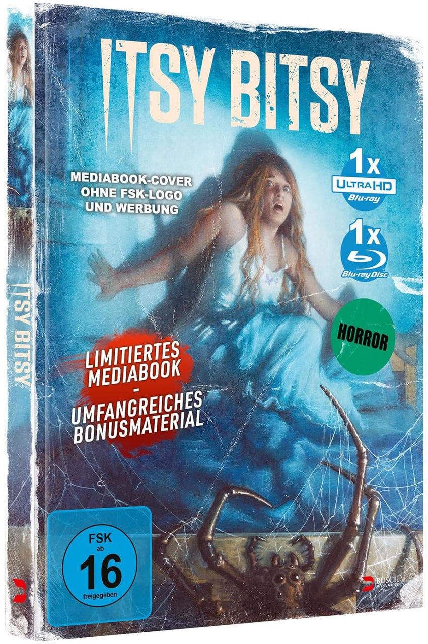 Filmcover. Frau in blauem Kleid, Spinne und der Titel 'Itsy Bitsy'.