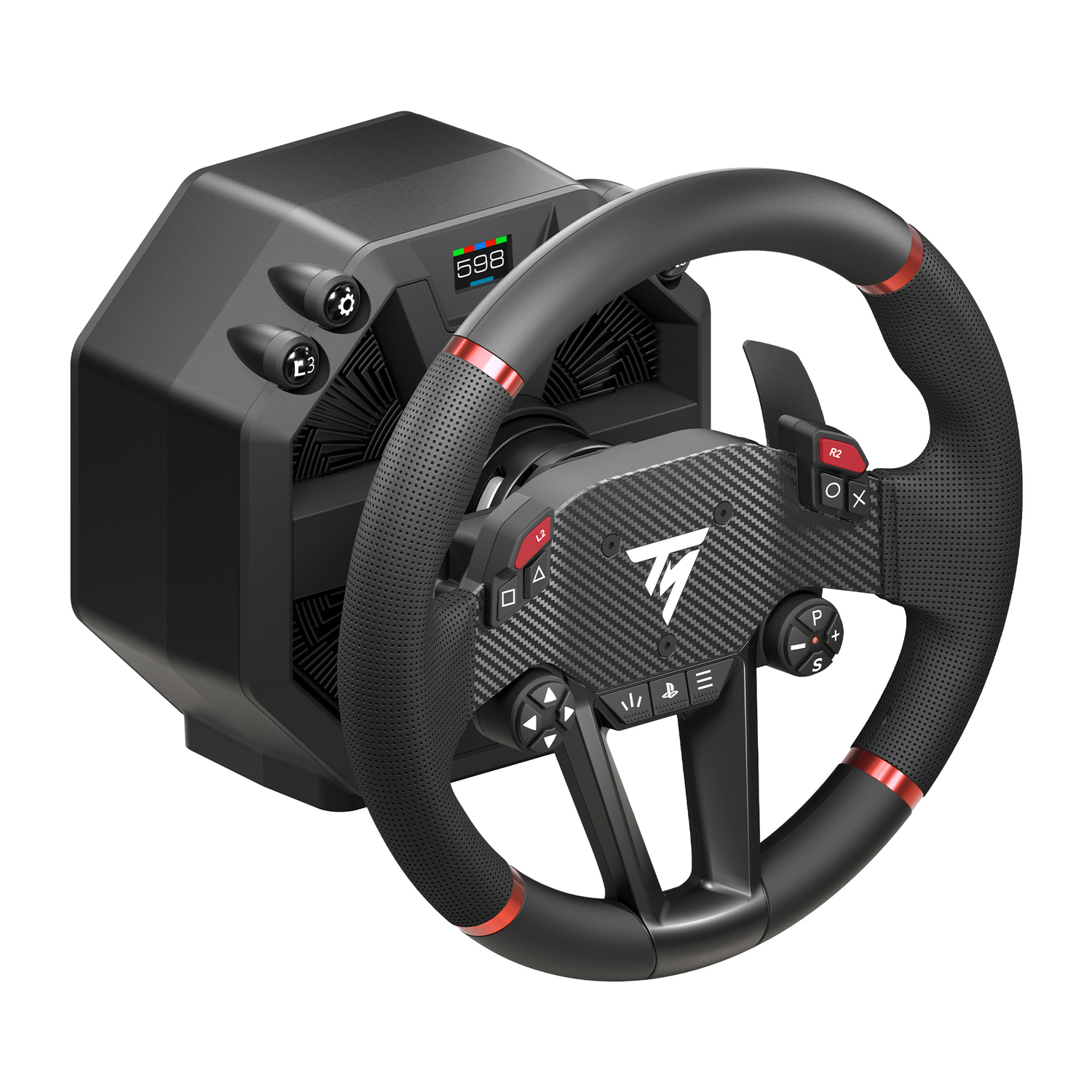 Black steering wheel with red accents and multiple buttons, on a white background.