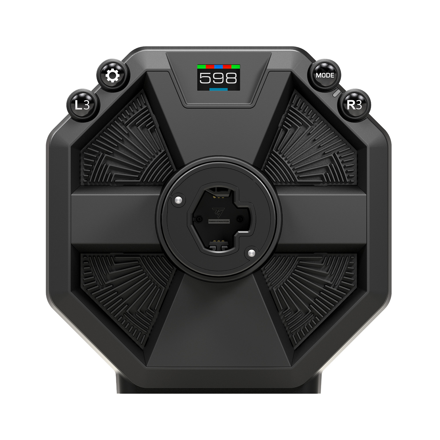 A black game controller with buttons and a display.