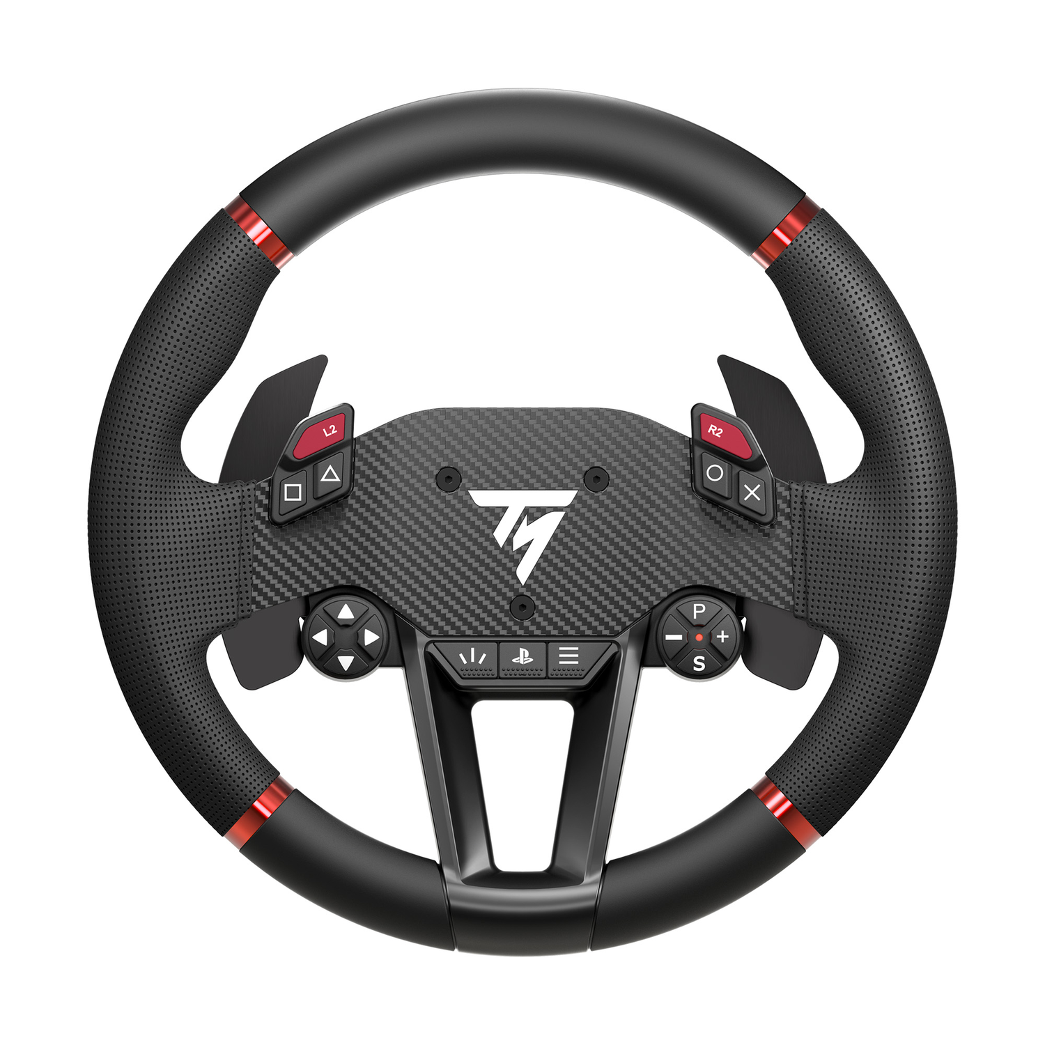 A black steering wheel with red accents and various buttons.