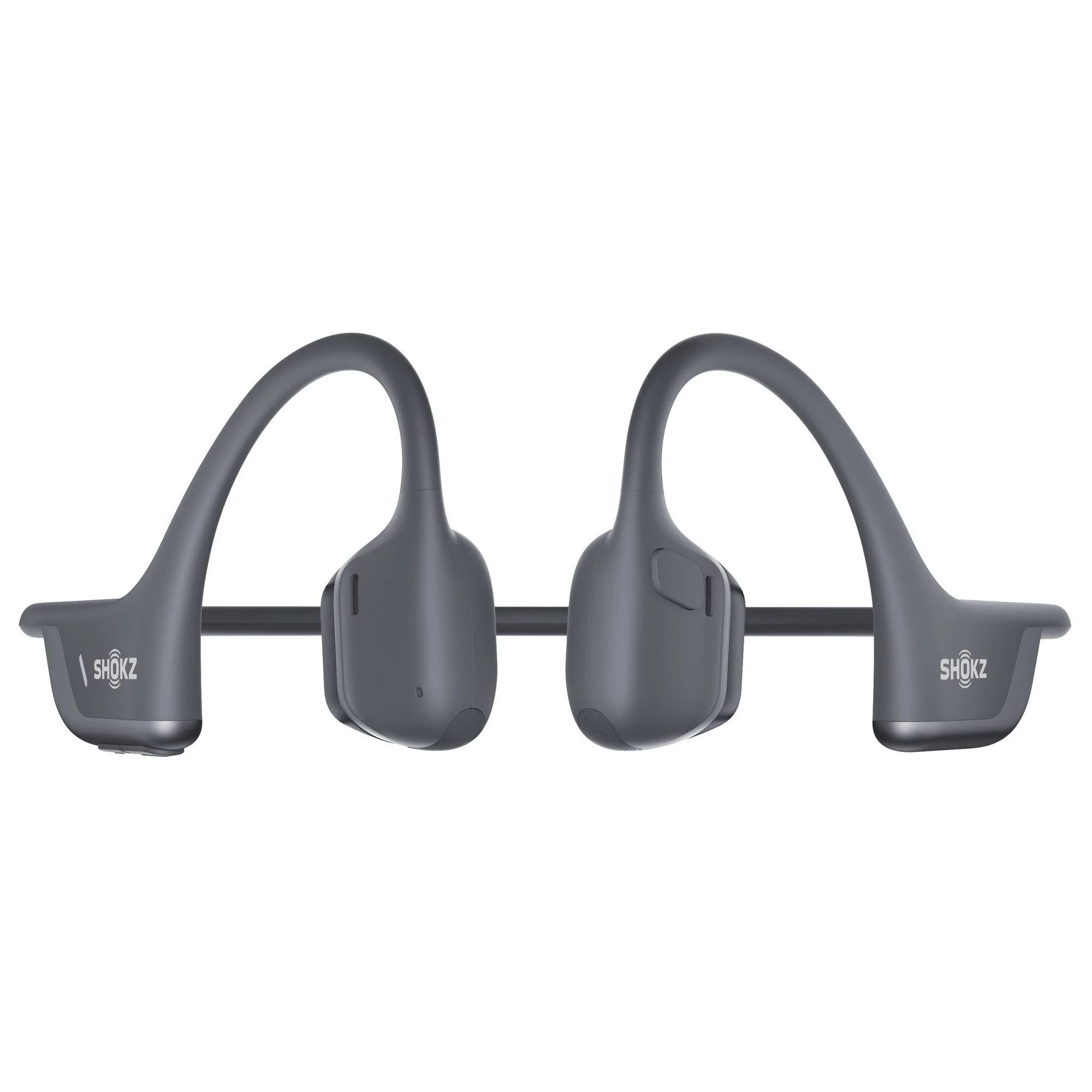 Auriculares de oído abierto Shokz grises, diseñados para colocarse en los pómulos.
