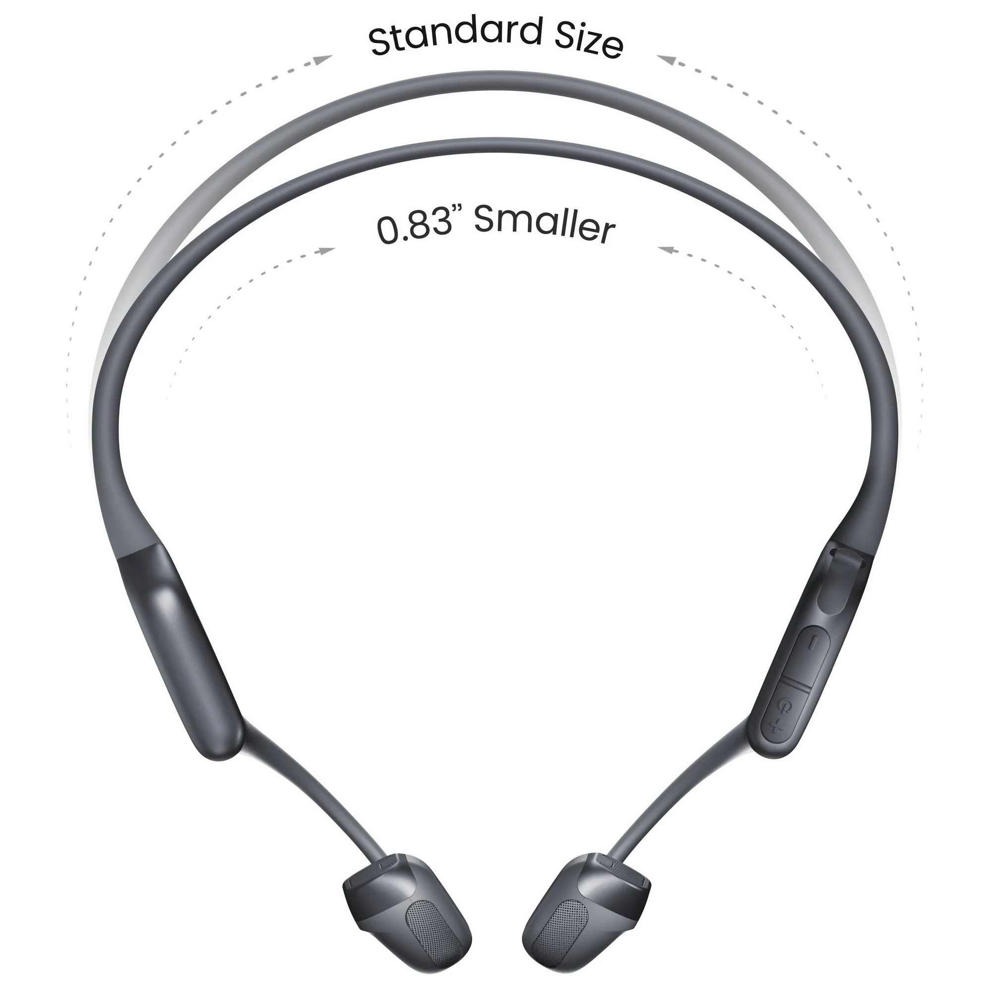 Auriculares de diadema grises. La imagen muestra una comparación del tamaño estándar y 0,83" más pequeño. Controles visibles a la derecha.