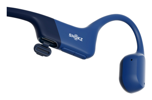 Auriculares de conducción ósea azules con la marca Shokz.