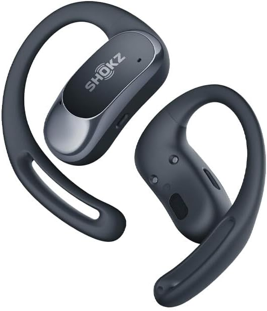 Auriculares inalámbricos gris oscuro con diseño de gancho para la oreja curvado.