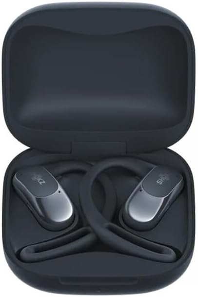 Un estuche negro que contiene dos auriculares plateados y negros.