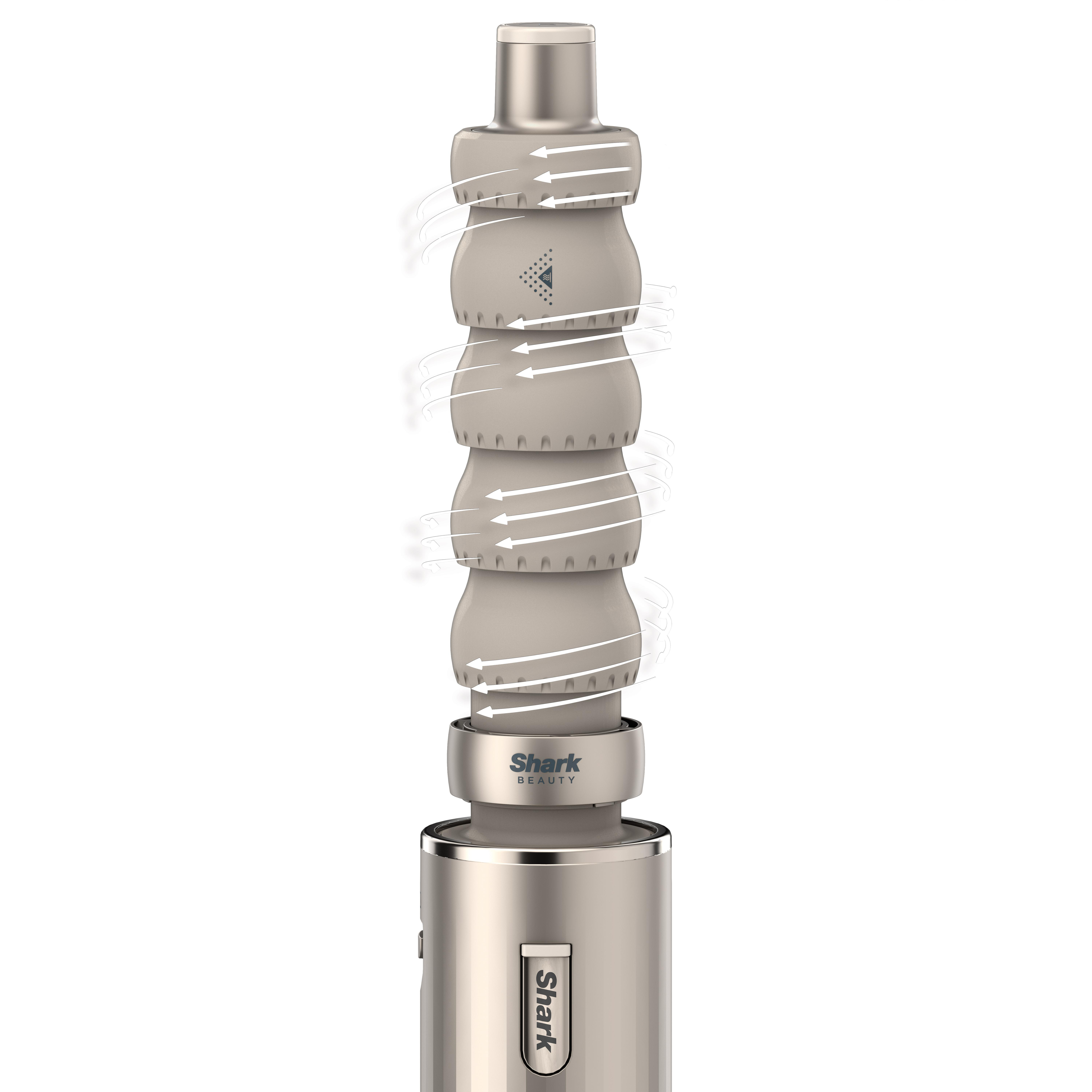 Shark Beauty Haarstyling-Tool, grau und silber, mit Pfeilen, die den Luftstrom anzeigen.