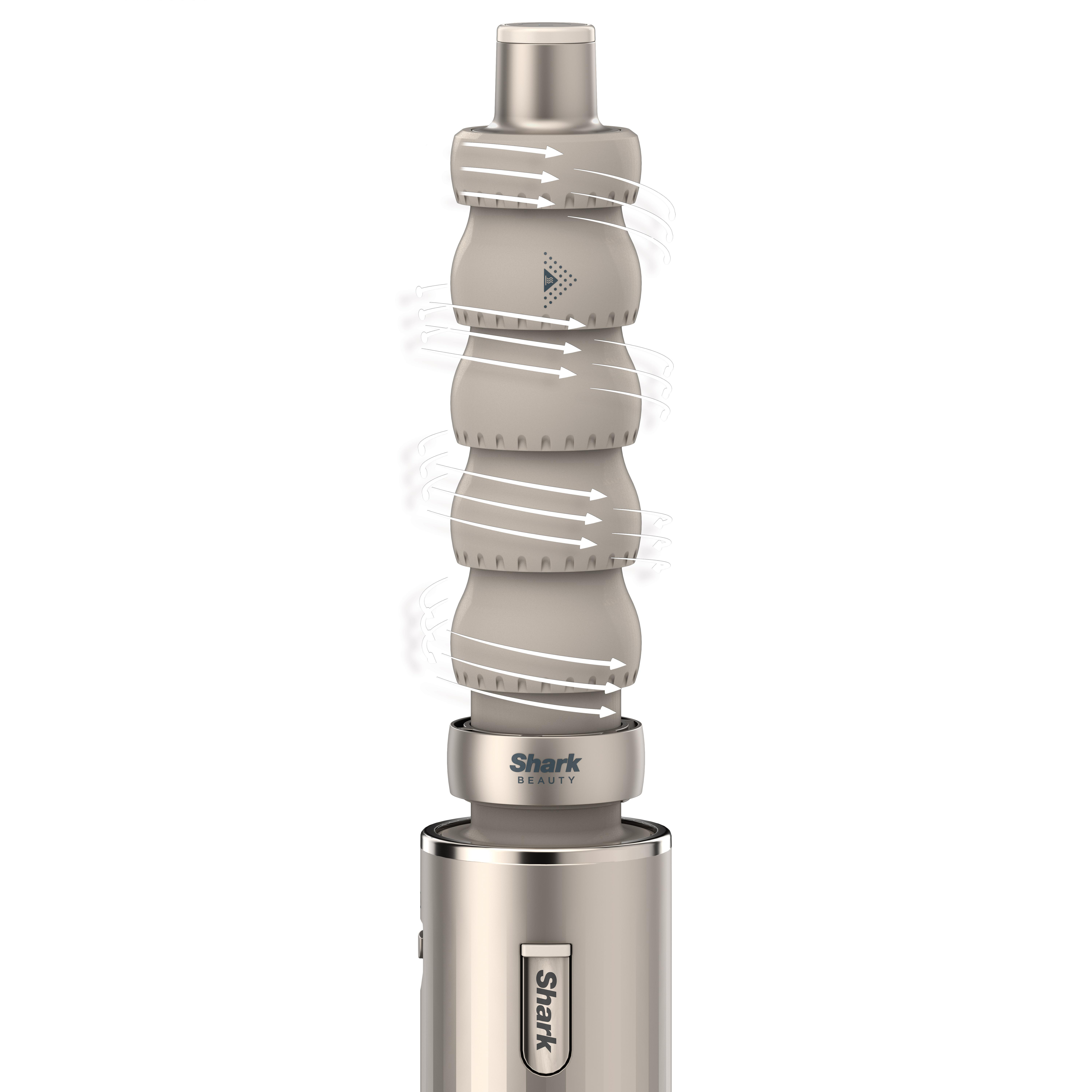 Ein Shark Beauty Haarstyler in Beige, mit Pfeilen für den Luftstrom.