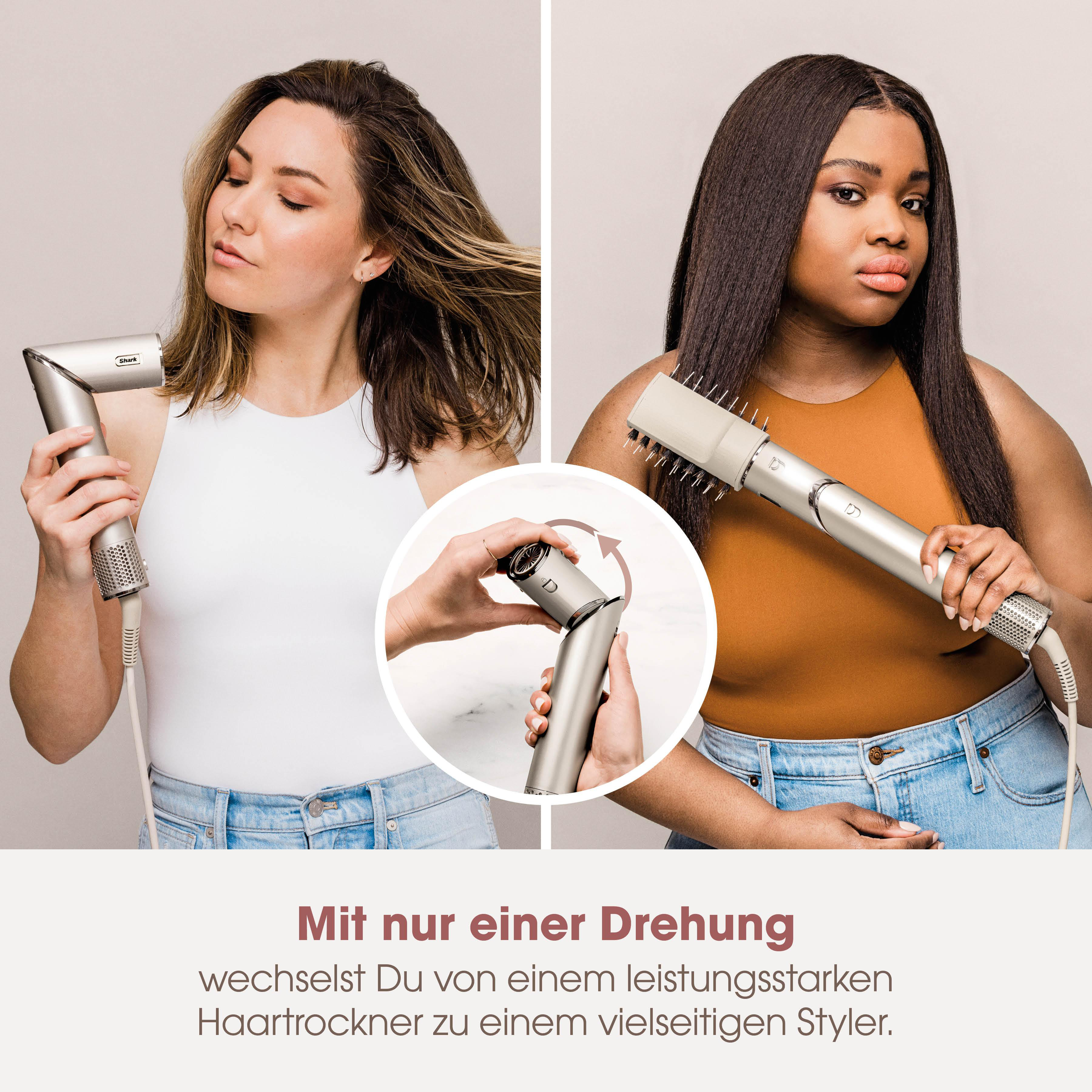 Zwei Frauen benutzen Haarstylinggeräte. Eine benutzt einen Föhn, die andere einen Styler. Text auf Deutsch.