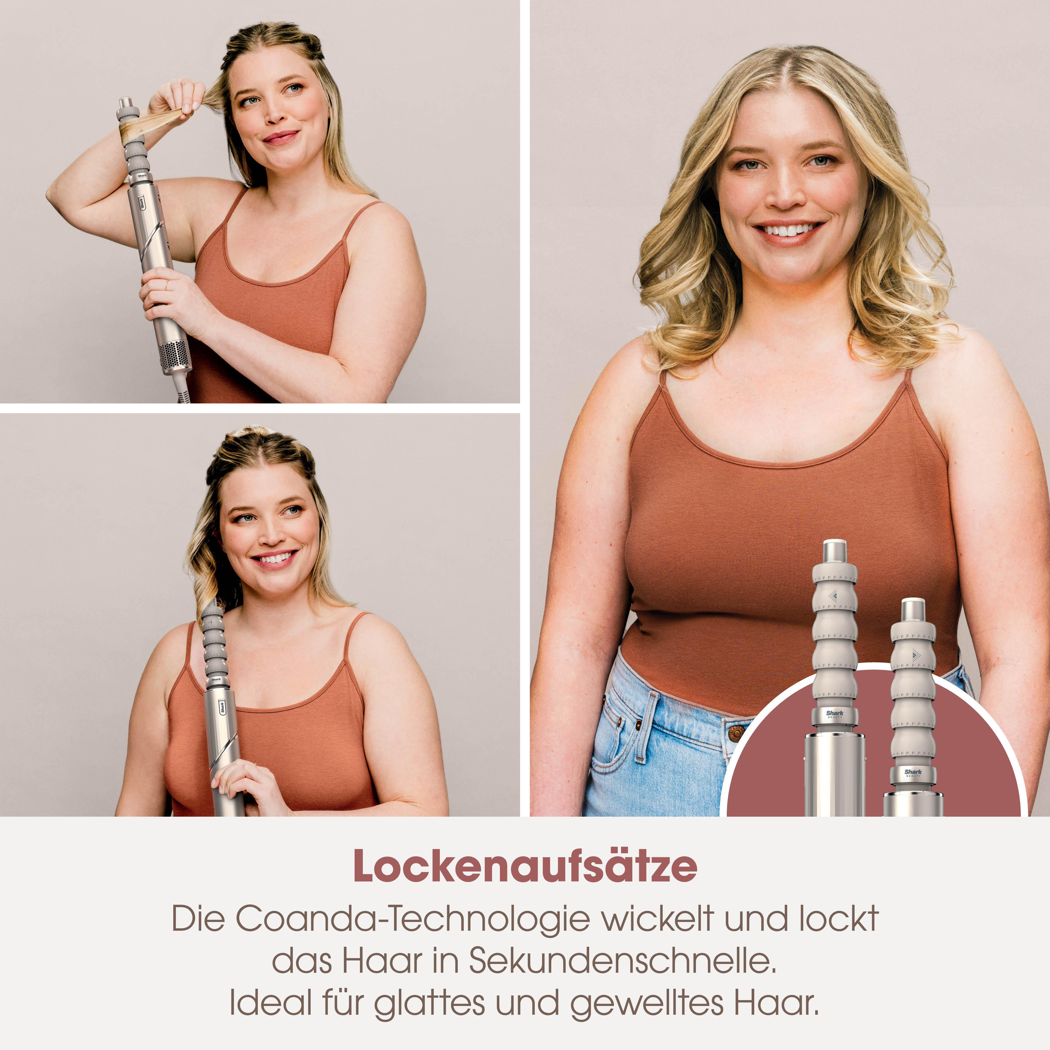 Frau mit Lockenstab, demonstriert das Locken der Haare mit Text in deutscher Sprache.