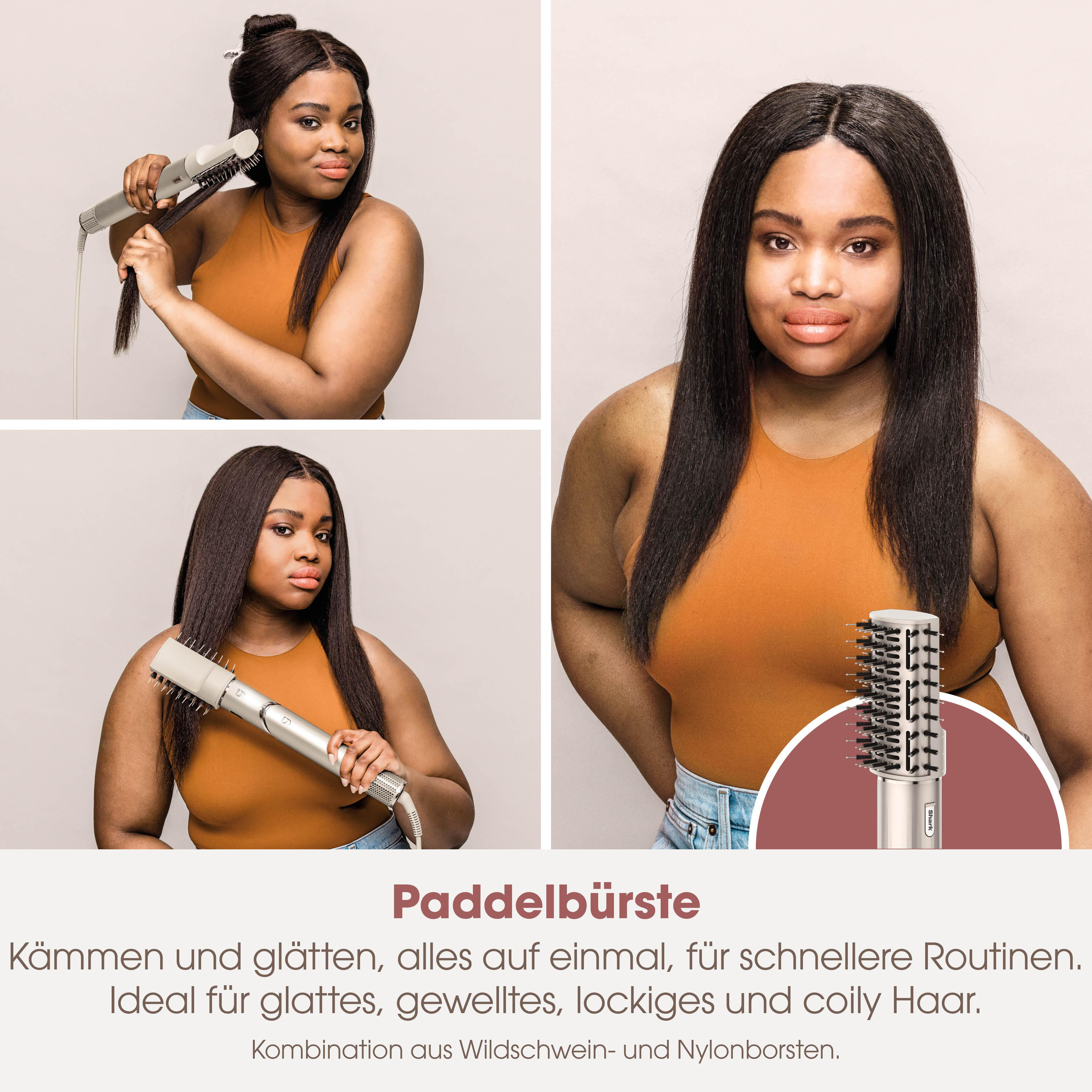 Frau, die ihr Haar mit einer Bürste stylt. Bilder zeigen verschiedene Winkel. Text: Paddle-Bürste.