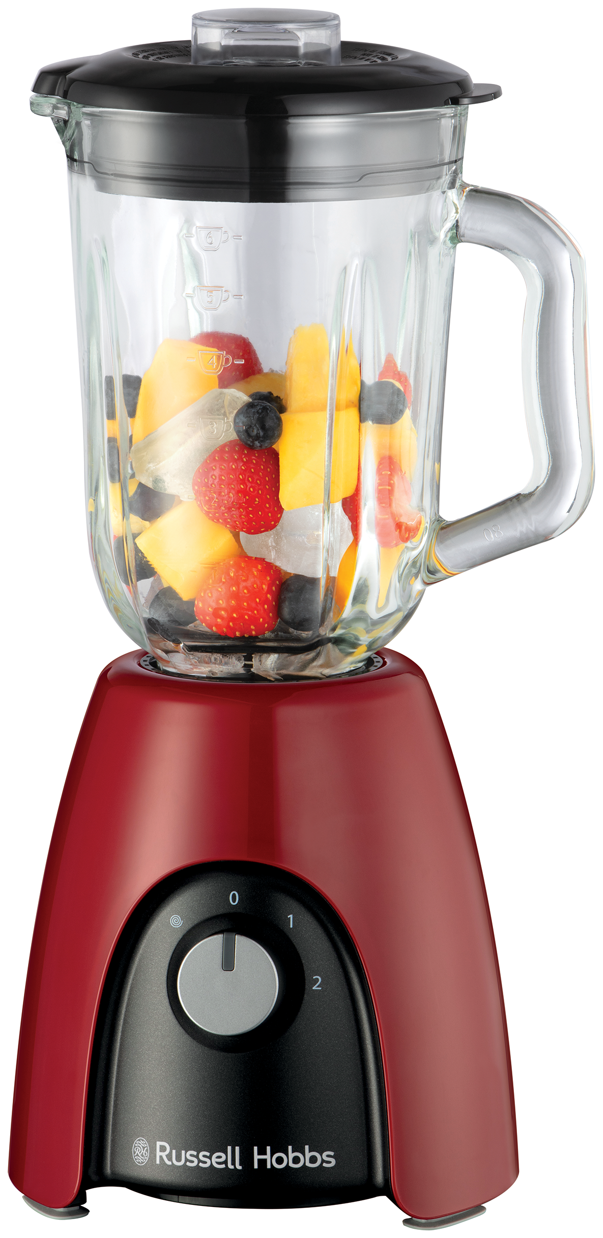 Egy piros Russell Hobbs turmixgép gyümölcsökkel az üvegben.