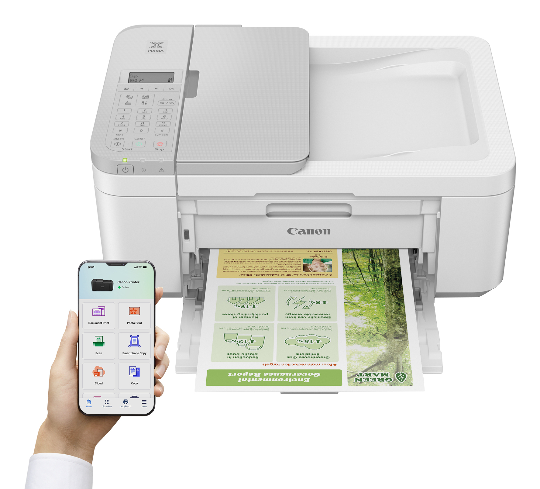 Ein weißer Canon-Drucker, der ein Dokument druckt, ein Telefon zeigt die Druck-App.
