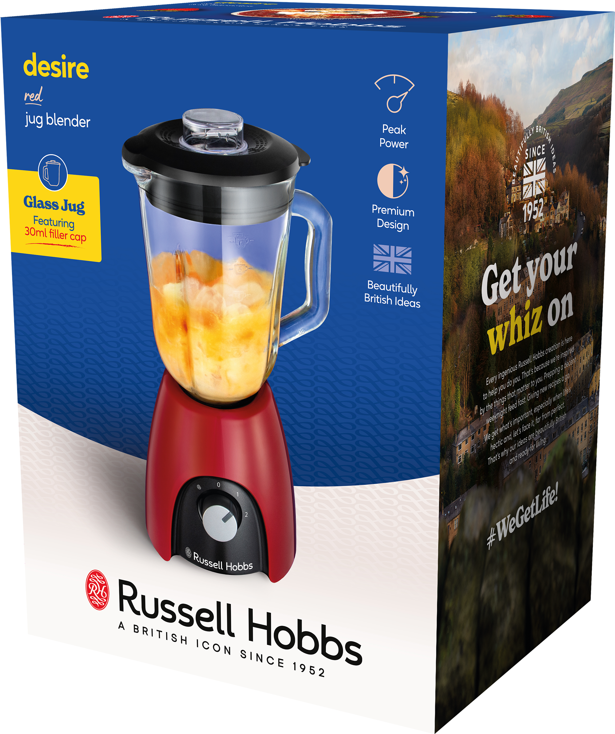 Egy piros Russell Hobbs Desire turmixgép üvegkancsóval és dobozzal.