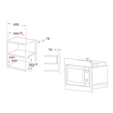 Dibujo técnico de un horno microondas y sus dimensiones en un mueble de cocina.