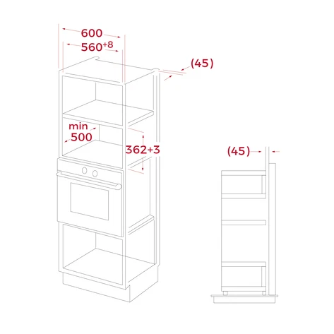 Vista isométrica de un mueble de cocina con dimensiones etiquetadas en rojo, fondo blanco.