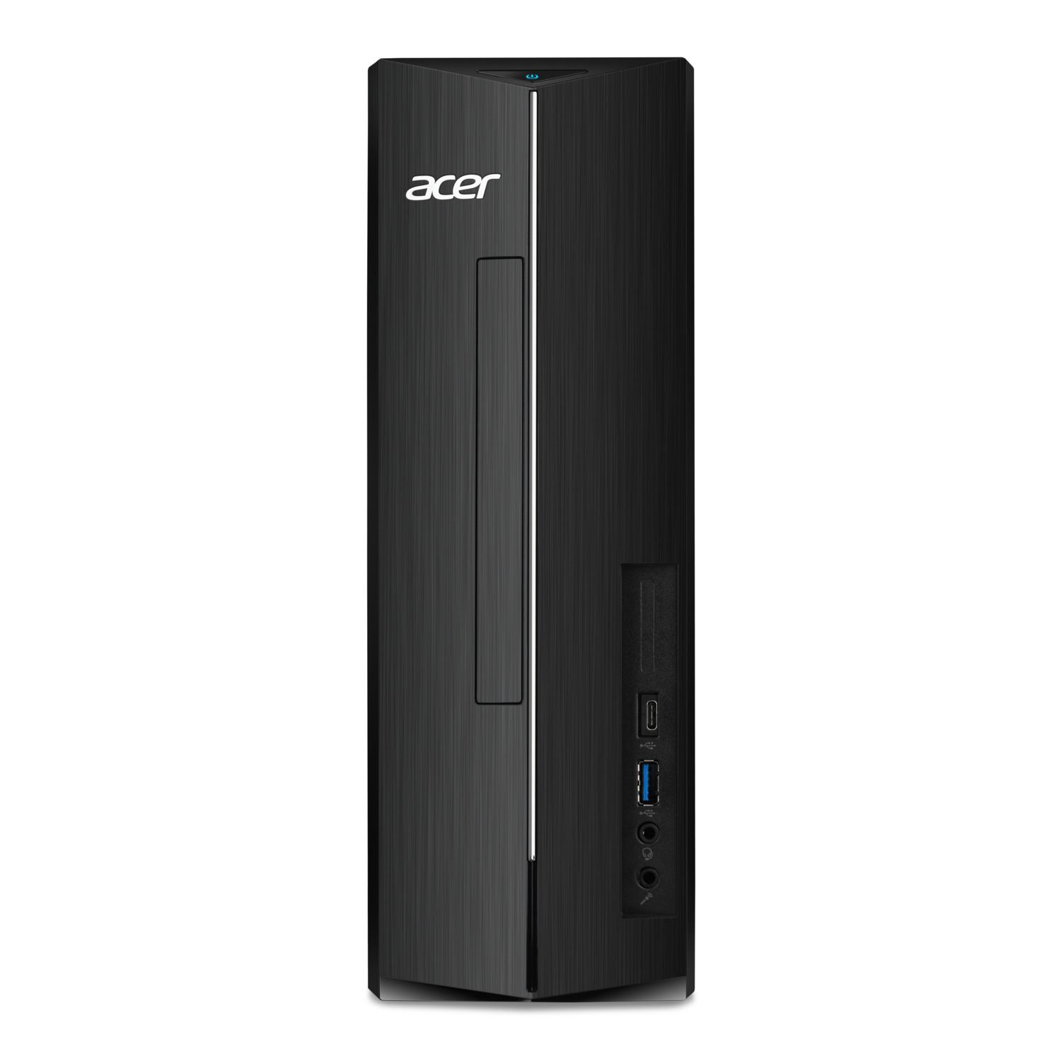 Zwarte Acer desktopcomputer. Heeft het Acer-logo en de aan/uit-knop.