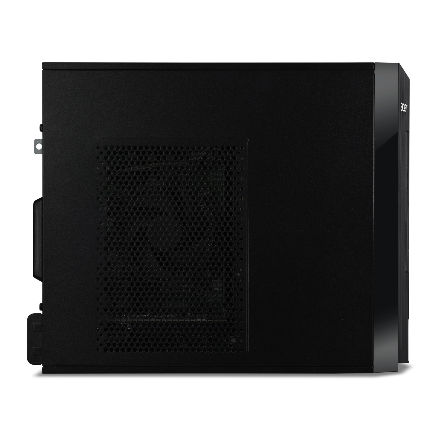 Zwarte Acer computertoren. Zijaanzicht, zwart oppervlak. Acer logo aan de zijkant.