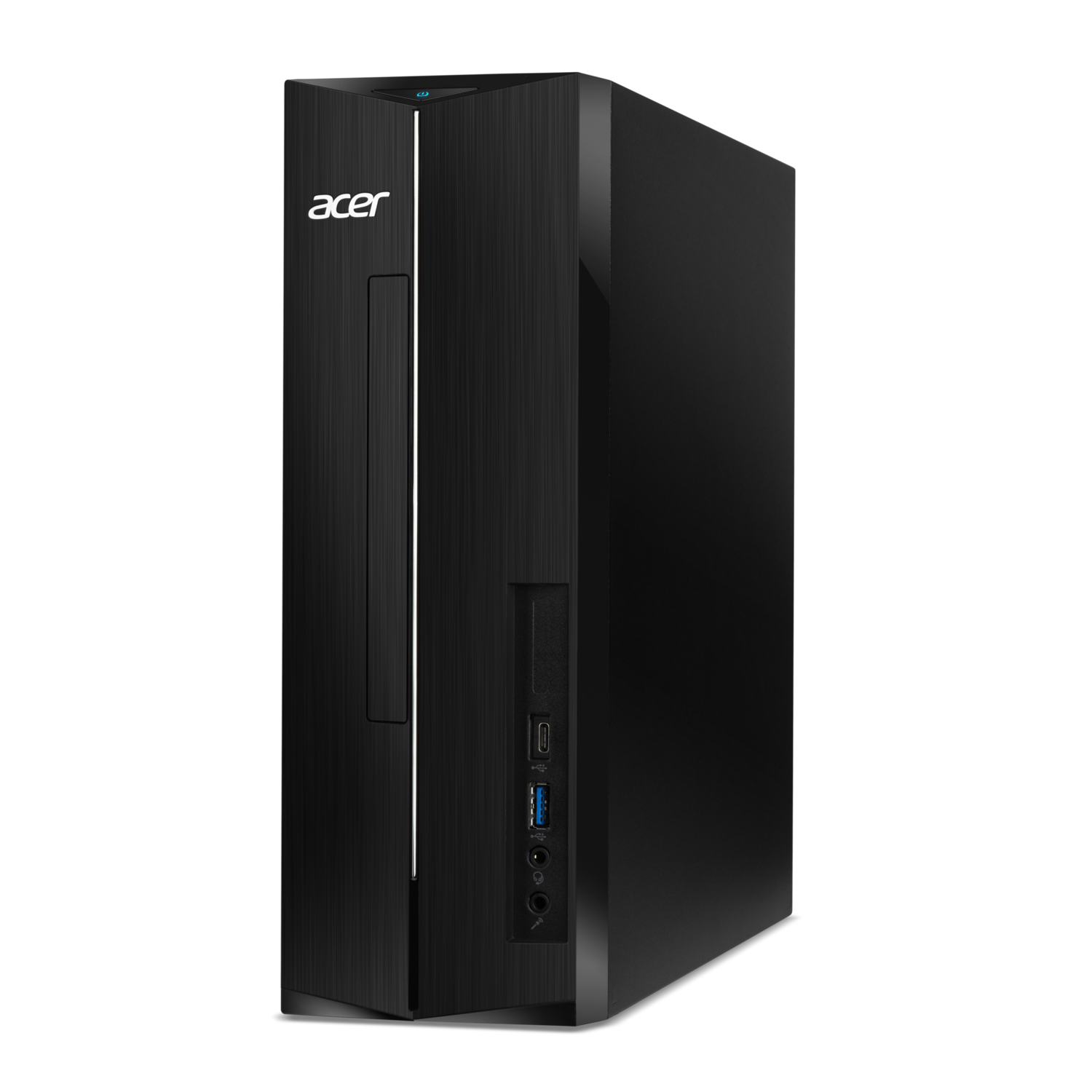 Zwarte Acer desktopcomputer, zijaanzicht. Inclusief een USB-poort en een aan/uit-knop.