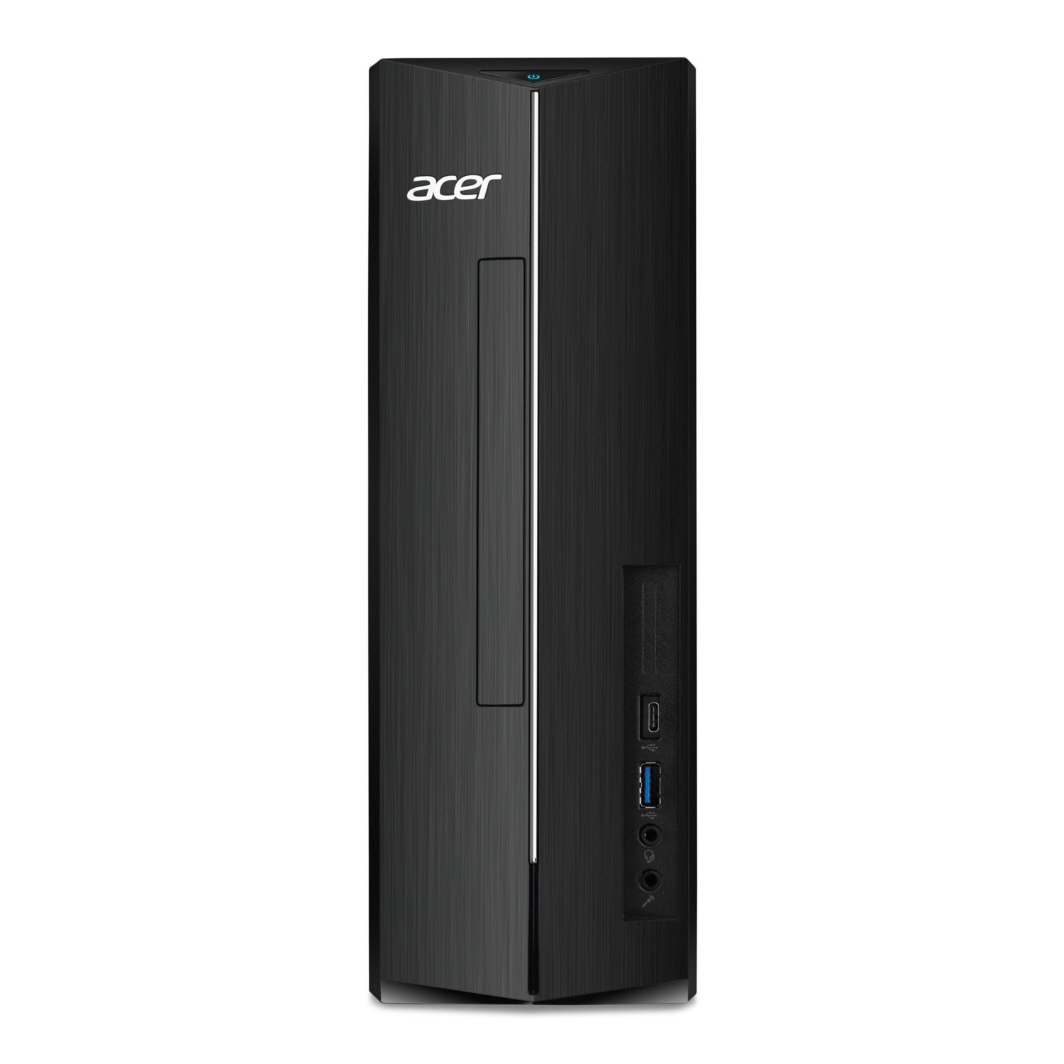Een zwarte Acer desktopcomputer. Het heeft een verticaal ontwerp met een zilveren streep en een USB-poort.