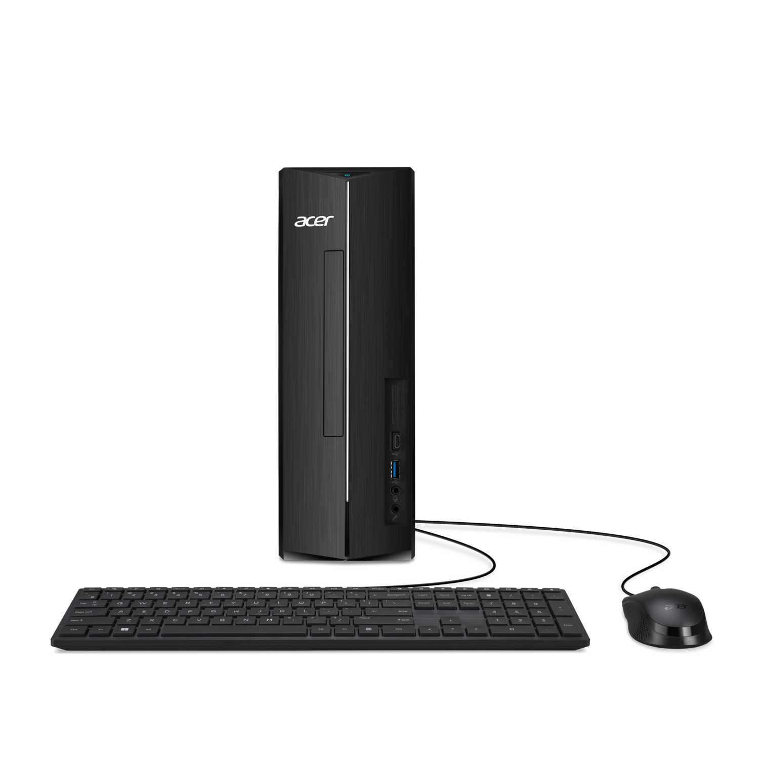 Zwarte Acer desktopcomputer, toetsenbord en muis tegen een witte achtergrond. Modern design.