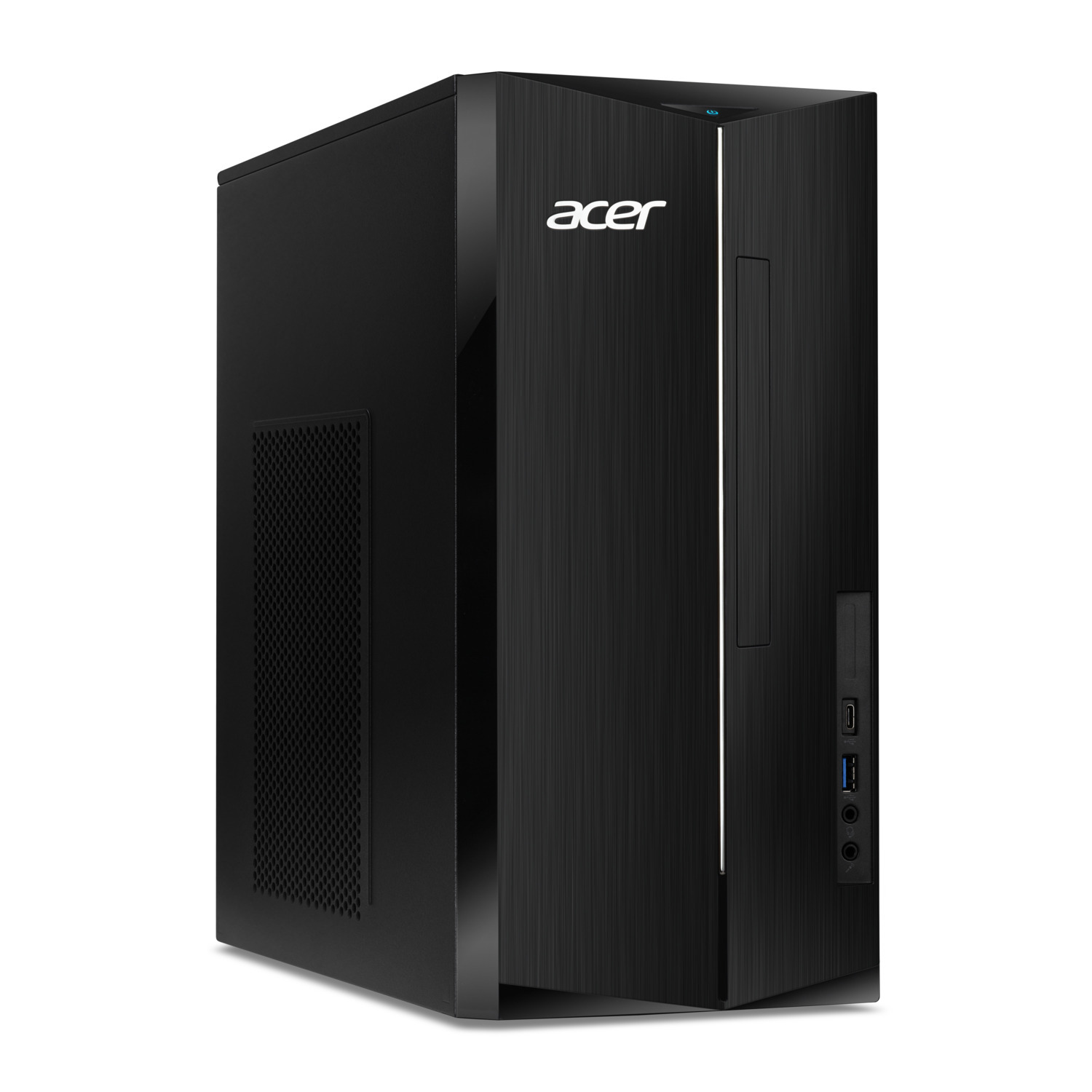 A black Acer computer tower standing on a white surface.