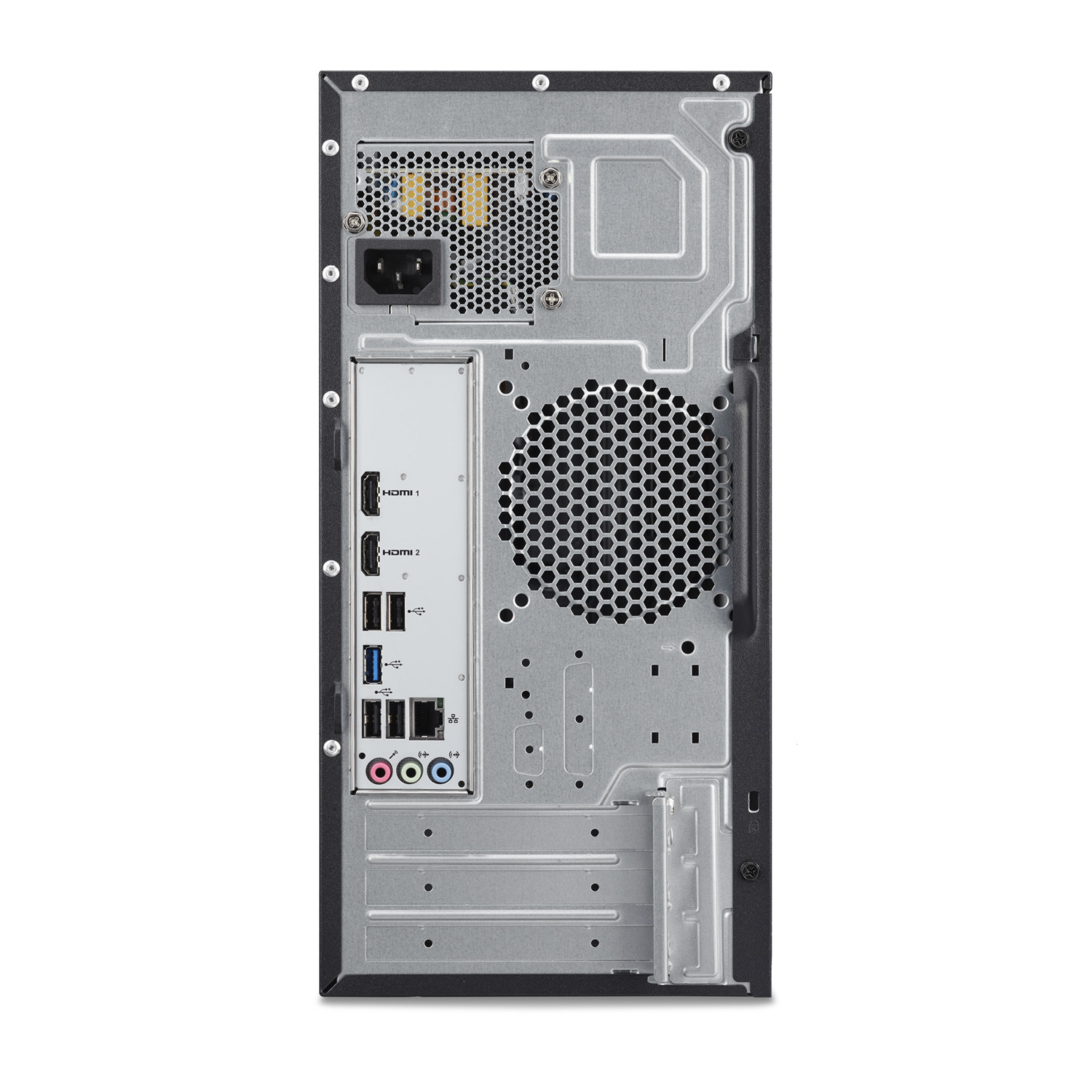 Back of a computer case with various ports and a fan, inside components visible.