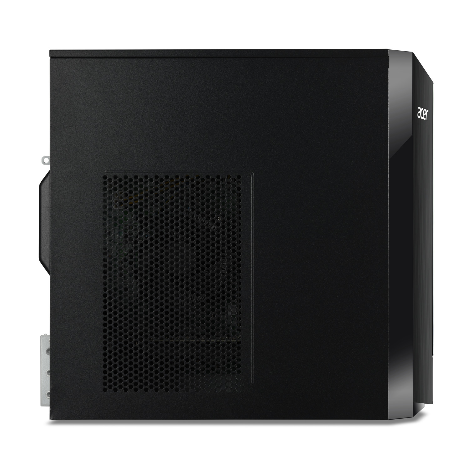 Black Acer computer case with a side vent. Acer logo on the right side.