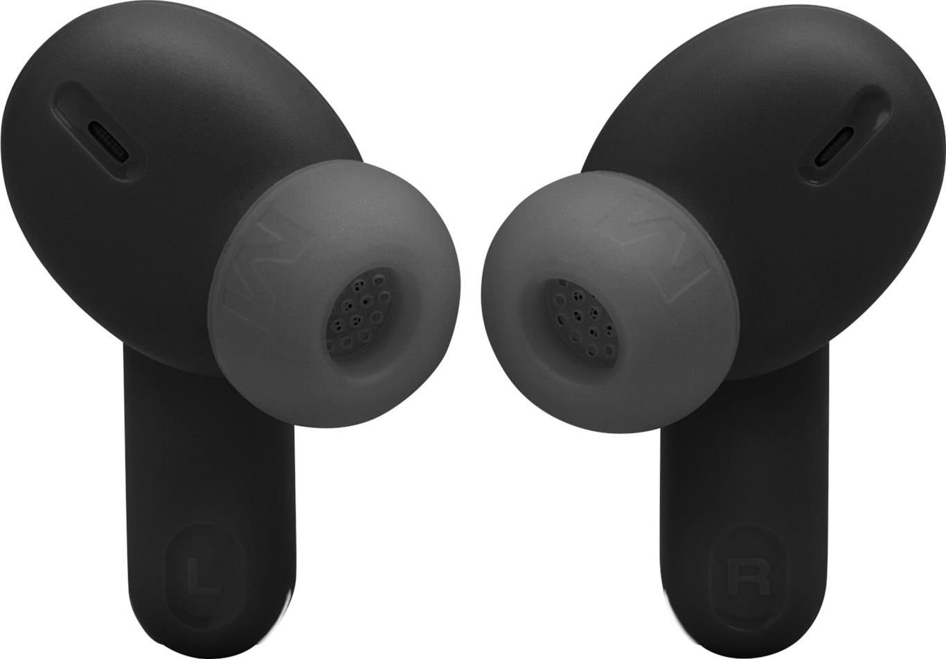 Due auricolari neri con punte grigie. 'L' e 'R' sono indicati sui lati. Sfondo bianco.