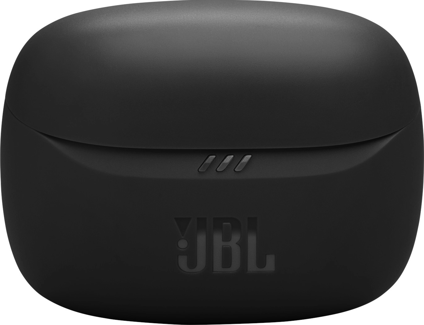 Custodia di ricarica per auricolari JBL nera. Il logo JBL è visibile.