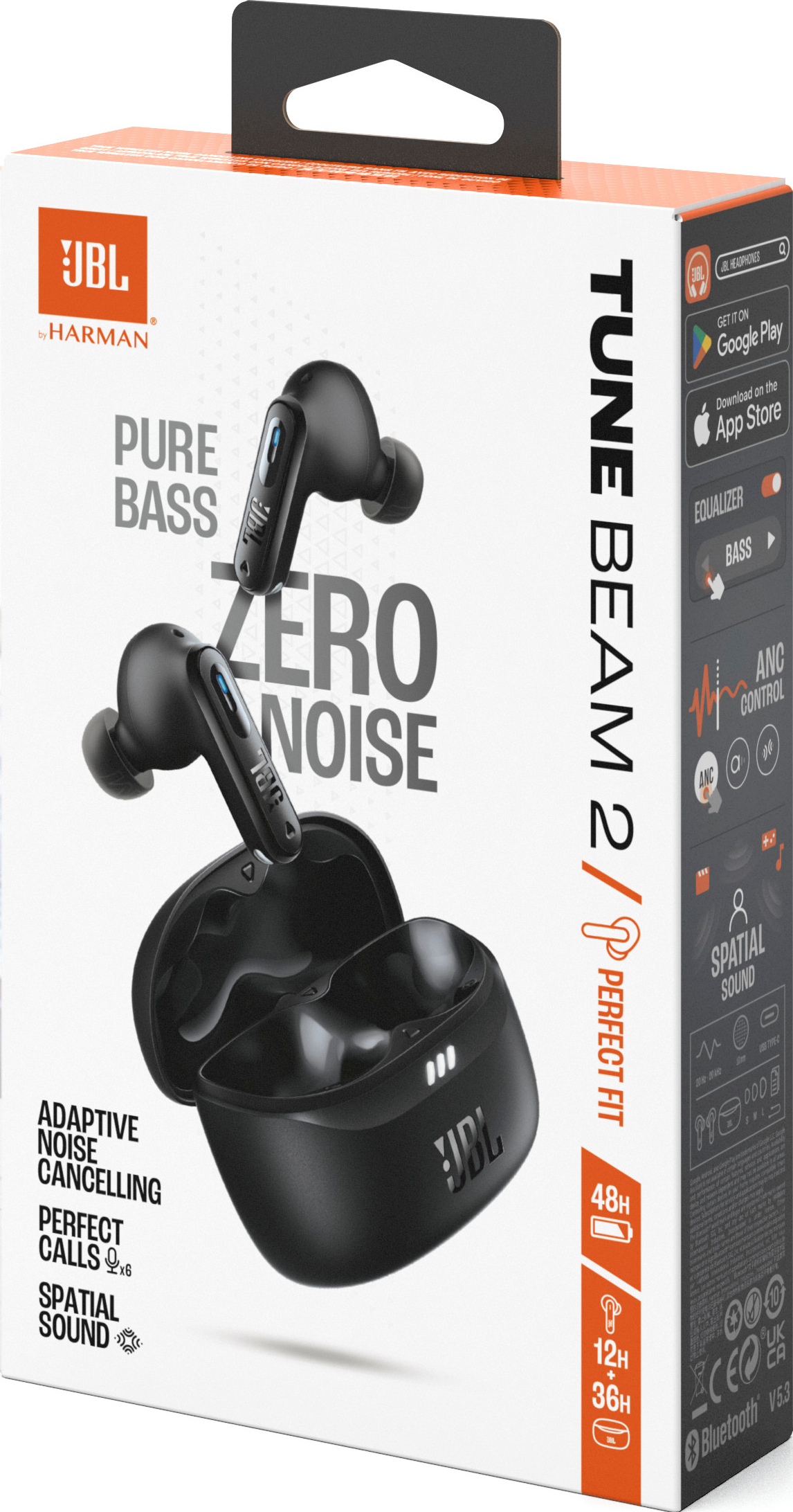 Auricolari JBL Tune Beam 2 neri in una scatola con dettagli e caratteristiche del prodotto.