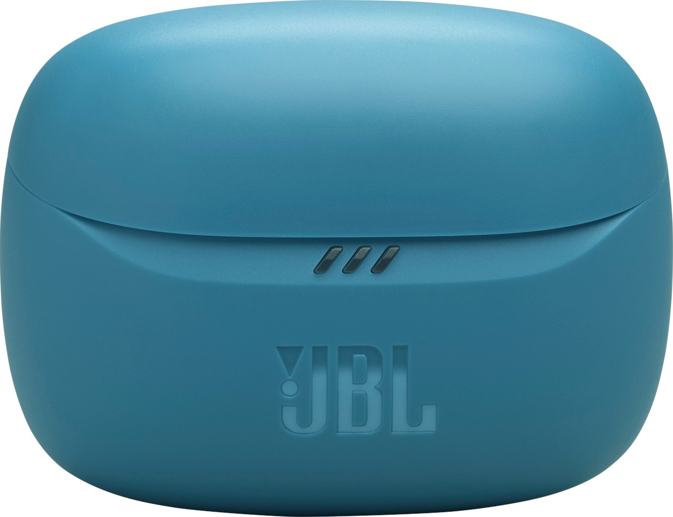 Türkisfarbenes JBL-Kopfhörer-Etui. Es hat eine abgerundete Oberseite und das JBL-Logo am unteren Rand. Drei kleine Lichter sind sichtbar.