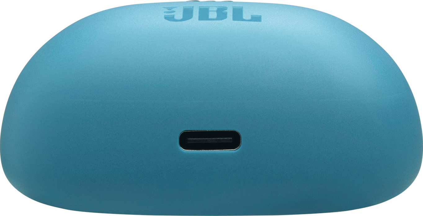 Ein blaues JBL-Ladecase. Oben ist der JBL-Schriftzug geprägt. Unten befindet sich ein USB-C-Anschluss. Das Gehäuse ist abgerundet.