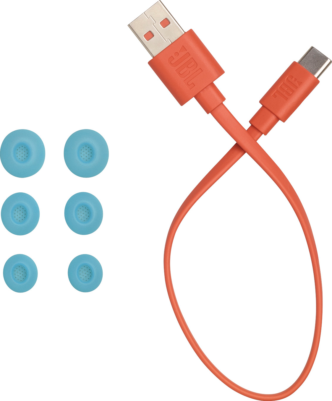 Das Bild zeigt ein USB-Ladekabel und Ohrstöpsel. Das Kabel ist orange, mit dem JBL-Logo. Ohrstöpsel sind hellblau, insgesamt sechs.