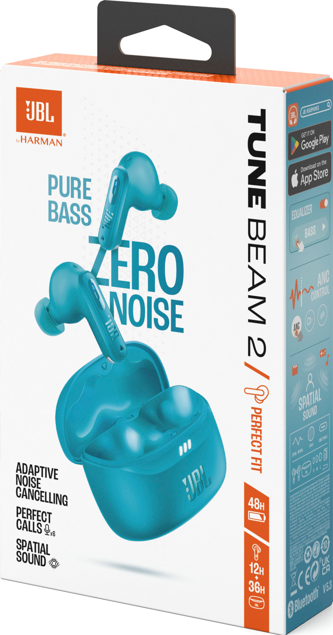 Schachtel mit JBL Tune Beam 2 Ohrhörern. Hellblaue Ohrhörer werden angezeigt. Text enthält 'Pure Bass', 'Zero Noise' und 'Perfect Fit'.