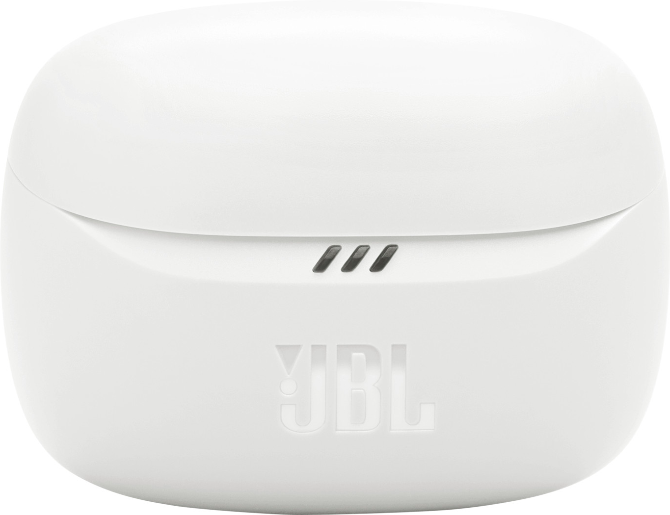 Ein weißes JBL-Ladecase für Ohrhörer mit dem JBL-Logo und drei Punkten.