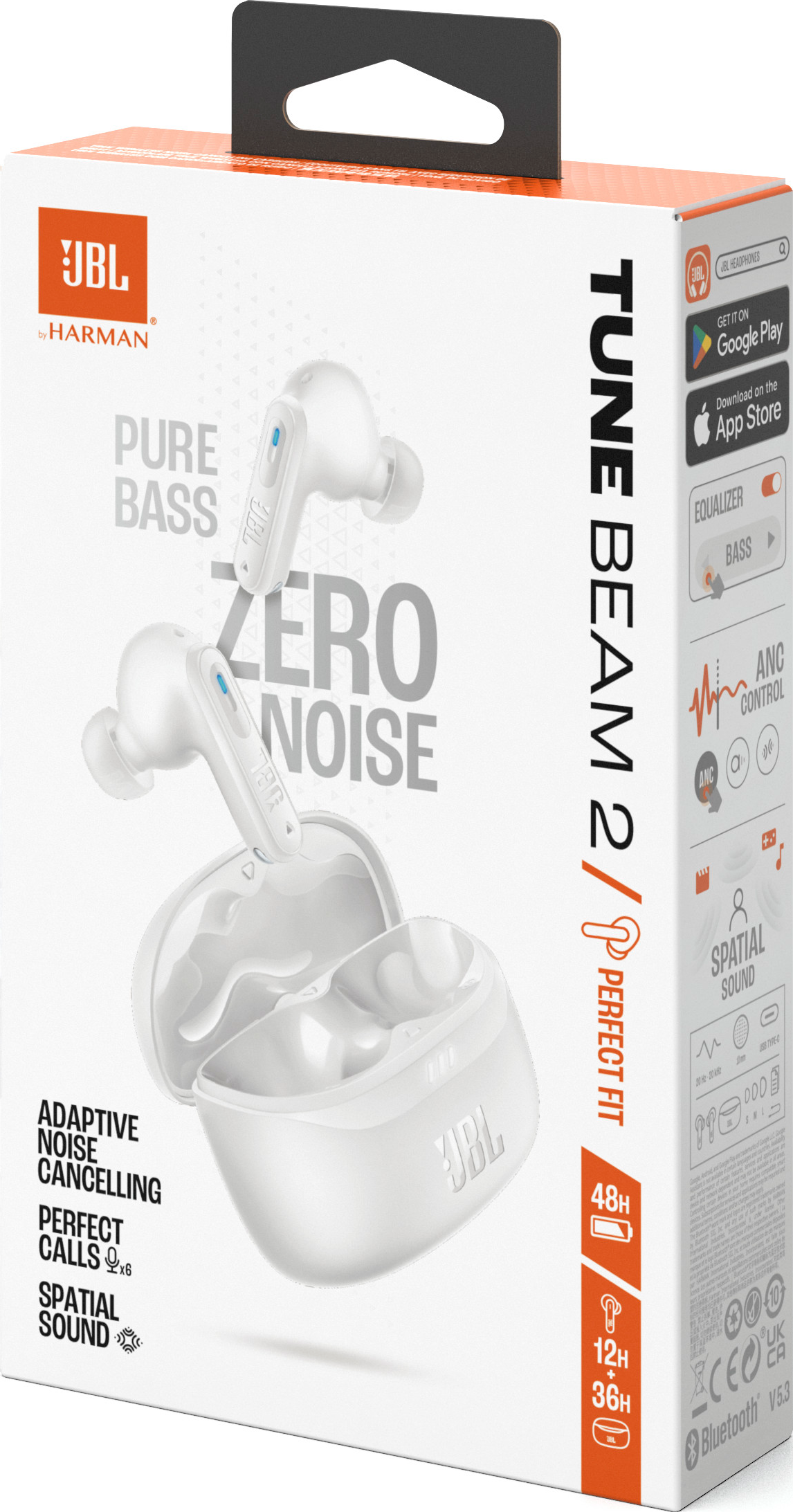 Weiße JBL Tune Beam 2 Ohrhörer in einer Box mit Text und Bildern.