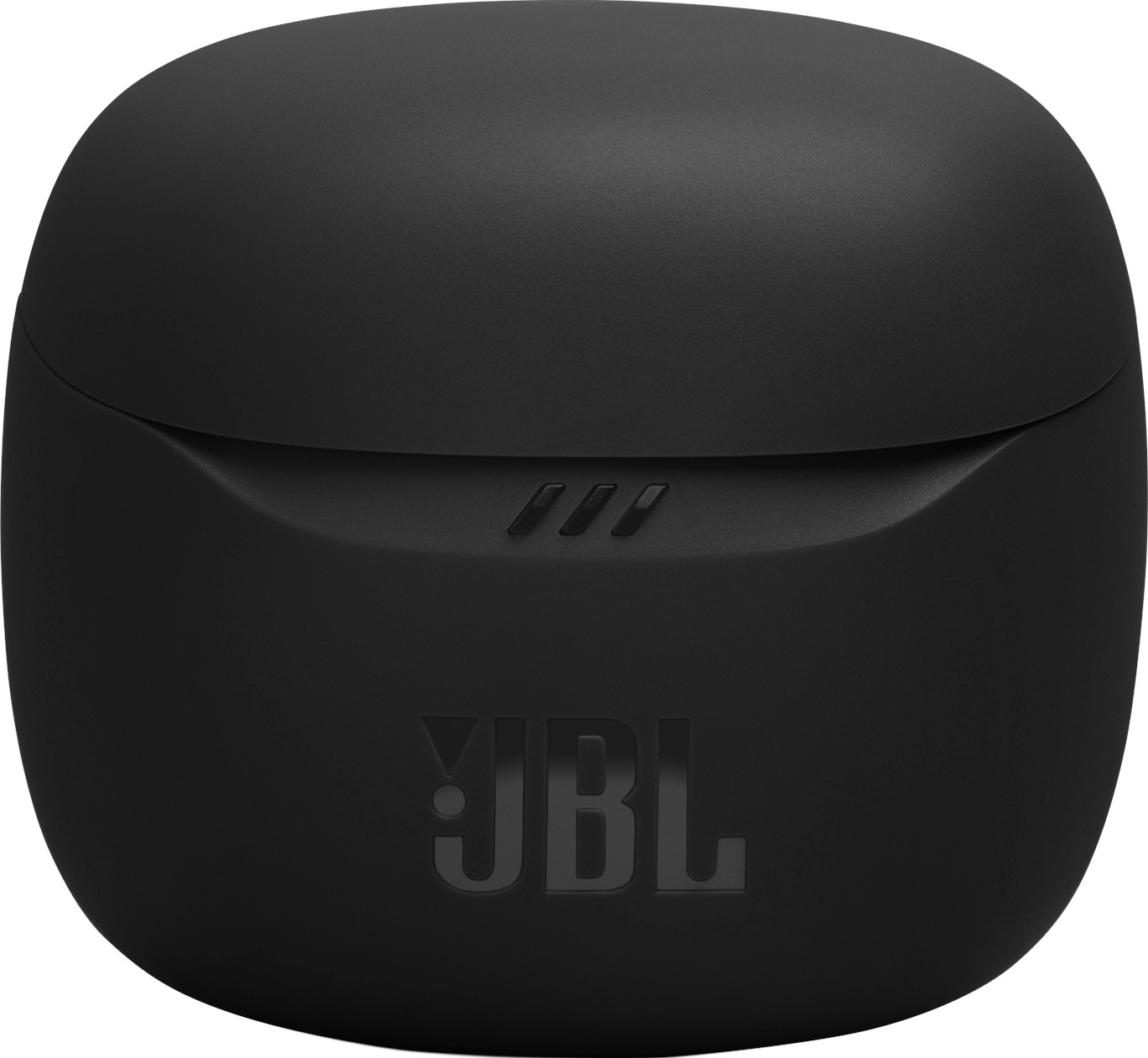Schwarzes JBL-Ohrhörer-Ladecase mit JBL-Logo und Ladeanzeigeleuchten.