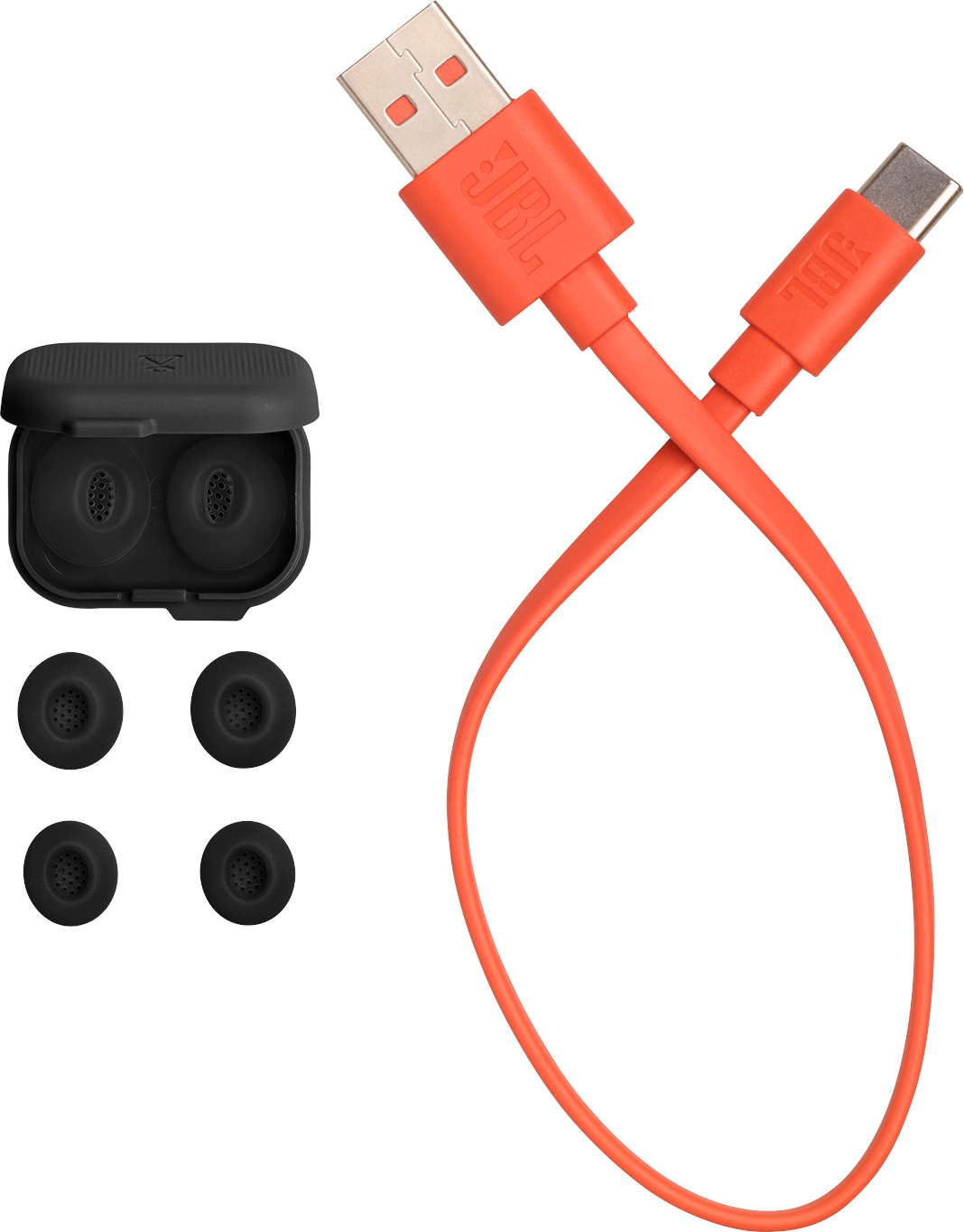 Oranges USB-C-Kabel und Ohrhörer. Schwarzes Etui und drei zusätzliche Ohrstöpsel. JBL-Branding.