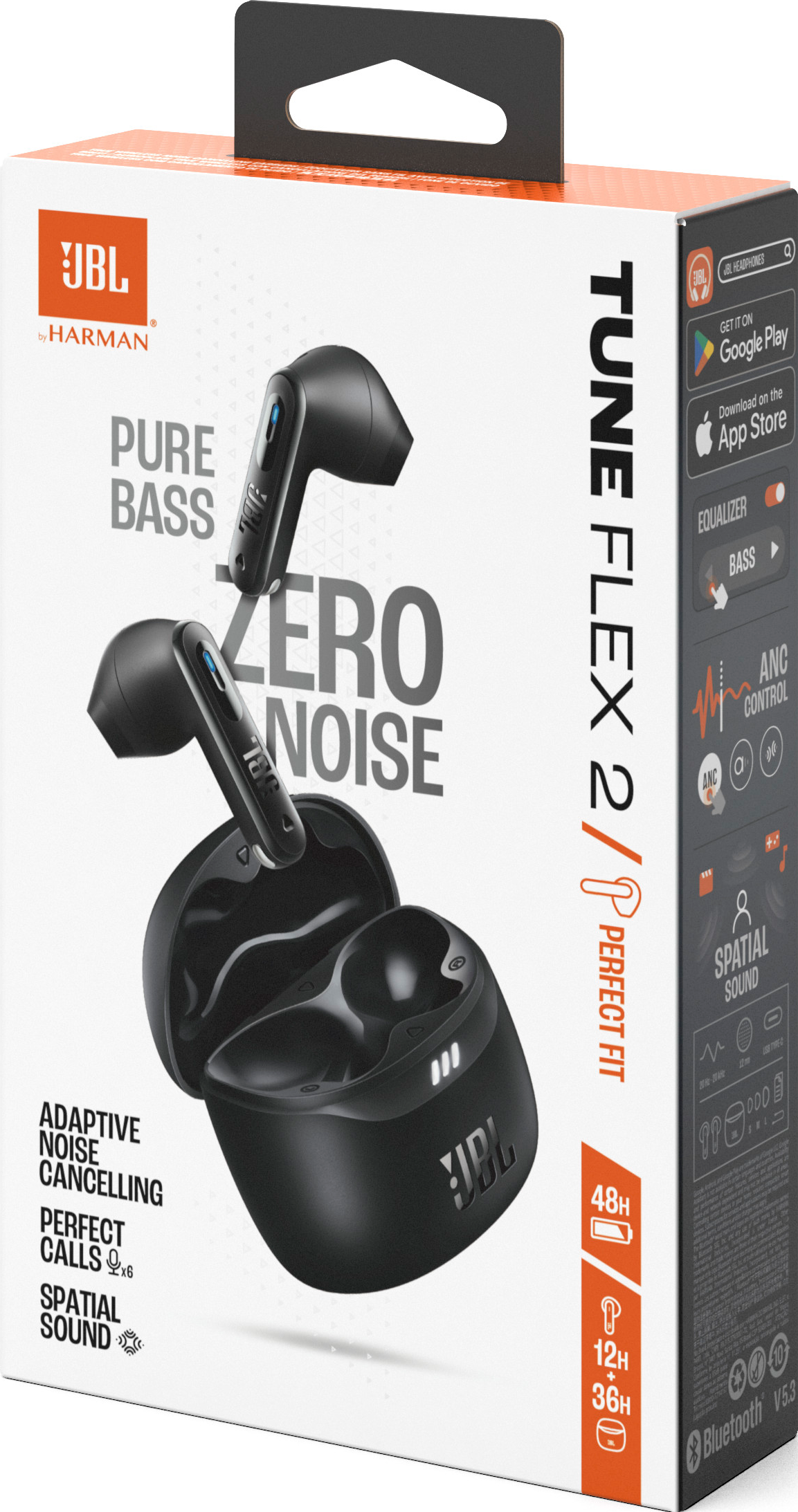 Schwarze JBL-Ohrhörer-Box mit Ohrhörern und Produktmerkmalen.