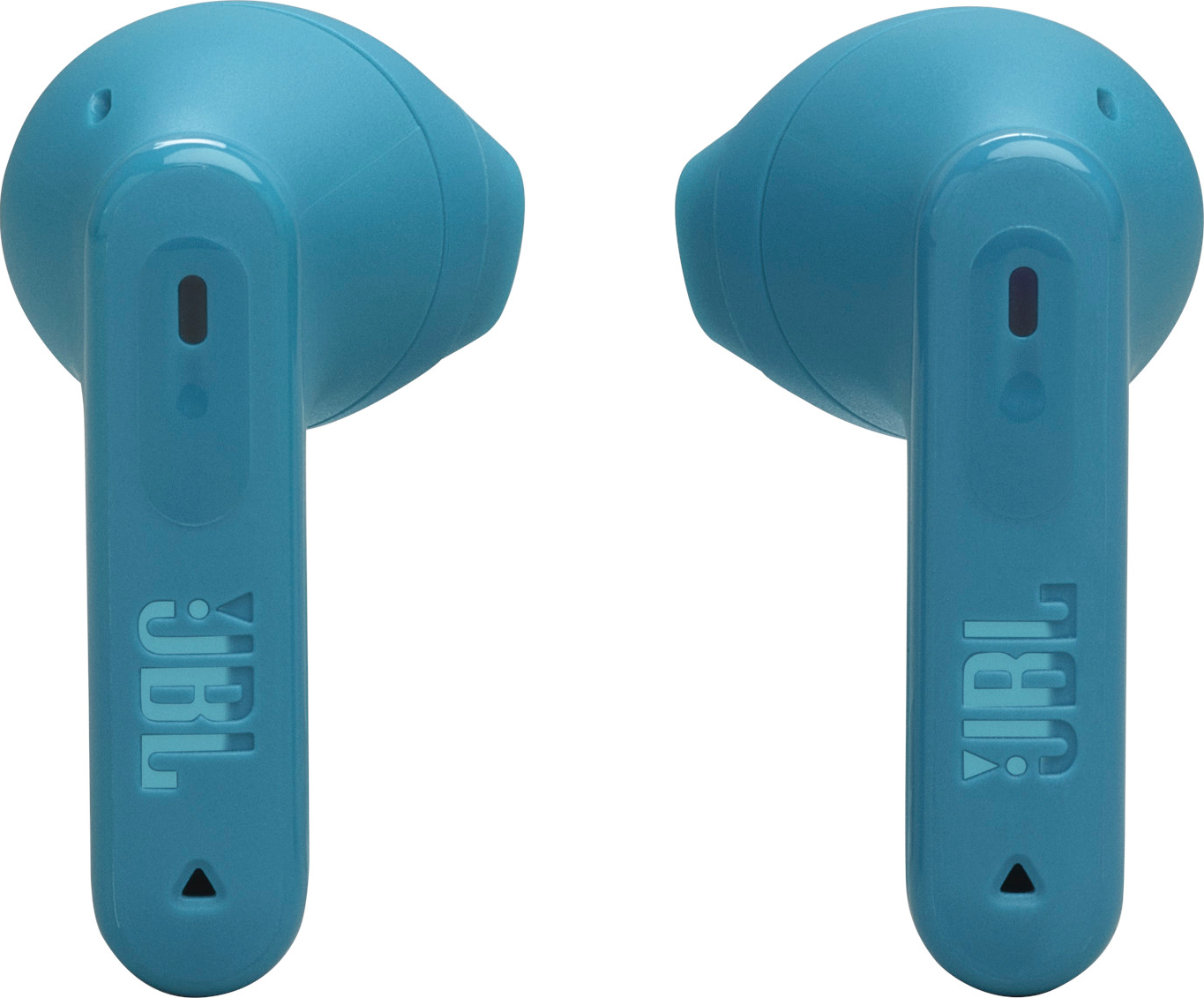 Zwei blaue JBL-Ohrhörer sind abgebildet, Logo sichtbar.