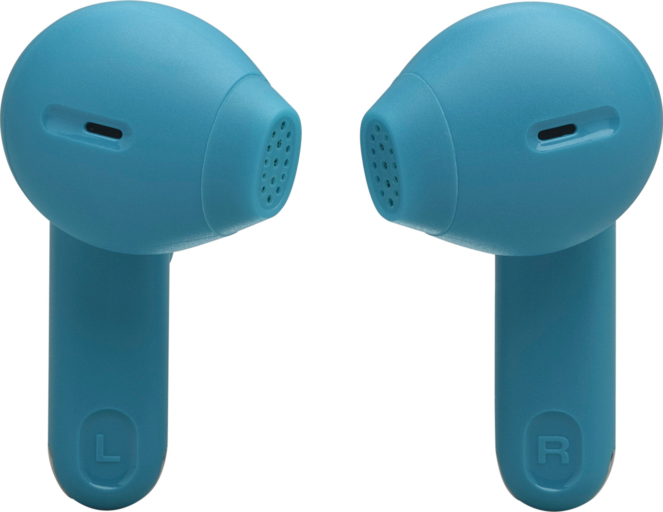 Zwei blaue JBL-Ohrhörer. Jeder hat eine L- oder R-Markierung. Weißer Hintergrund.