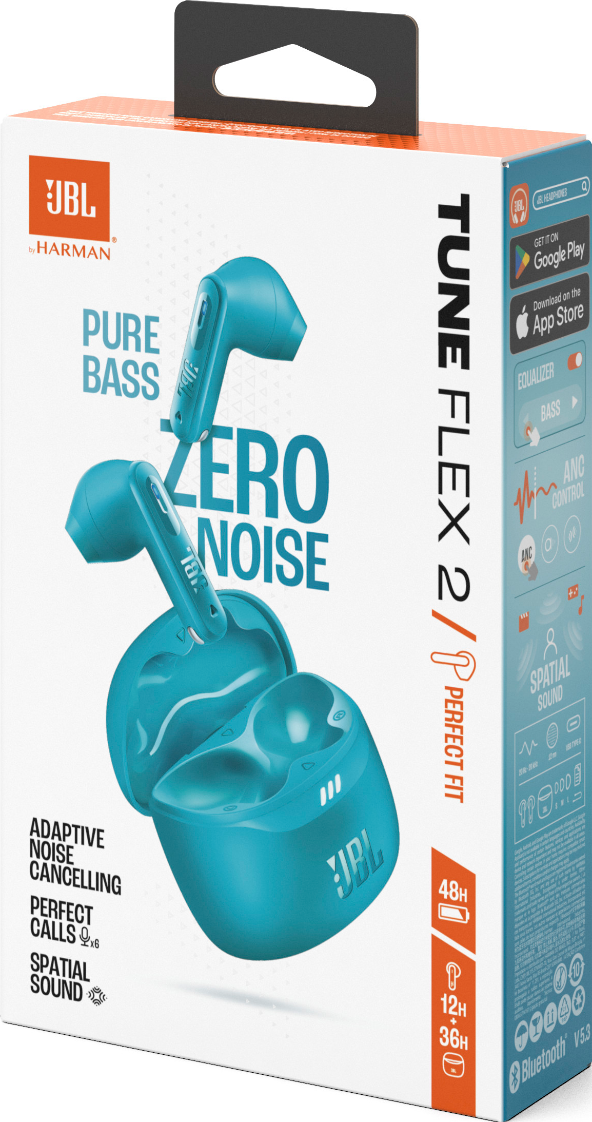 JBL Tune Flex 2 Ohrhörerbox, türkis, mit Produktdetails. Weißer Hintergrund.