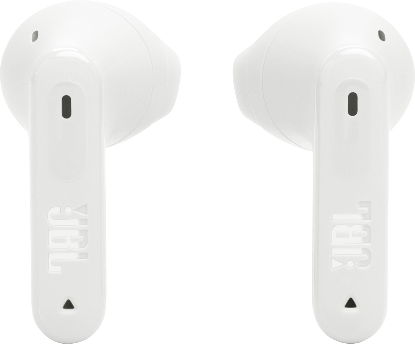 Zwei weiße JBL-Ohrhörer. Jeder hat einen Stiel mit dem JBL-Logo. Der Hintergrund ist weiß.