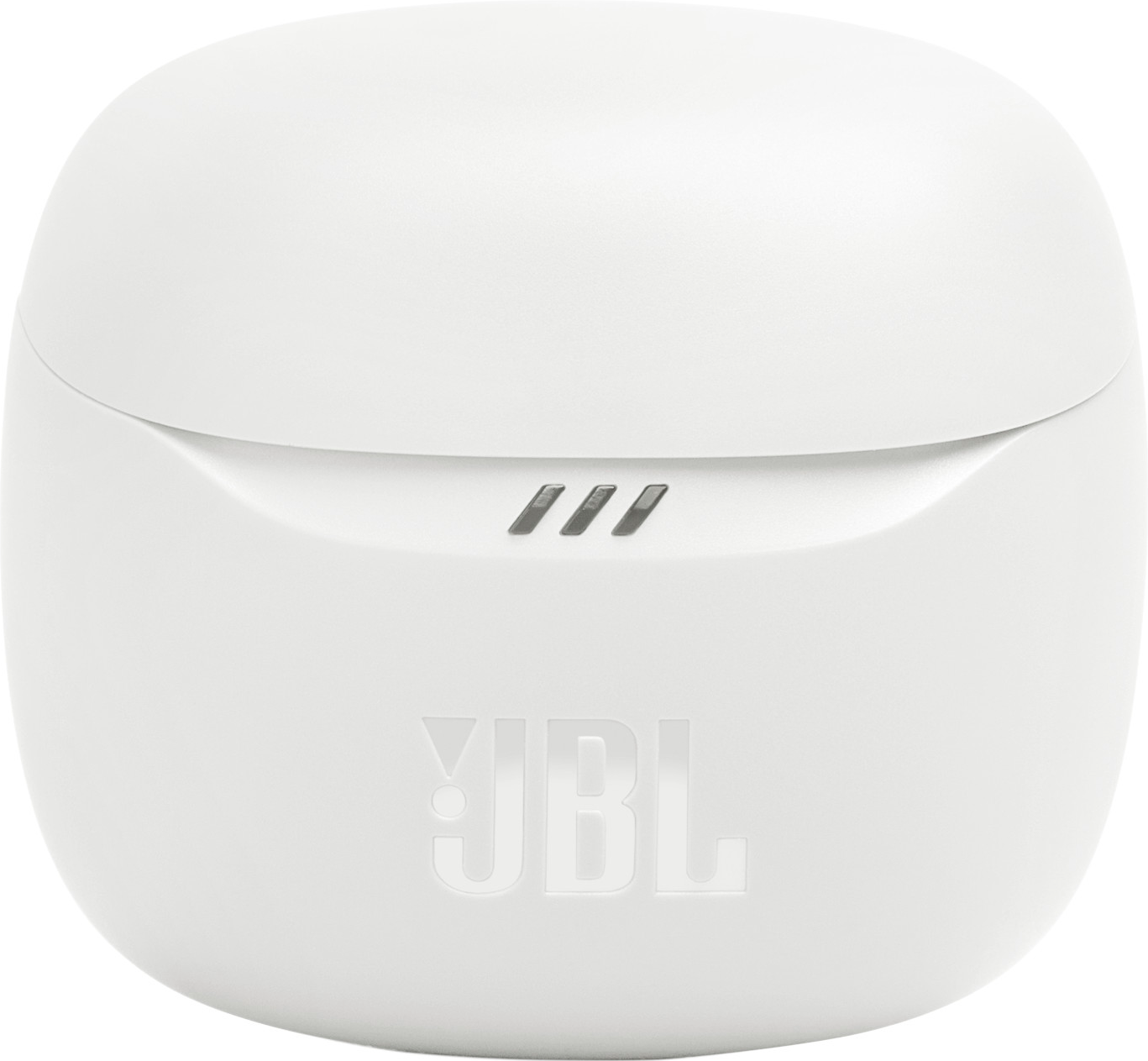 Ein weißes Ladecase für JBL-Ohrhörer, mit drei kleinen Punkten und dem JBL-Logo auf der Vorderseite.