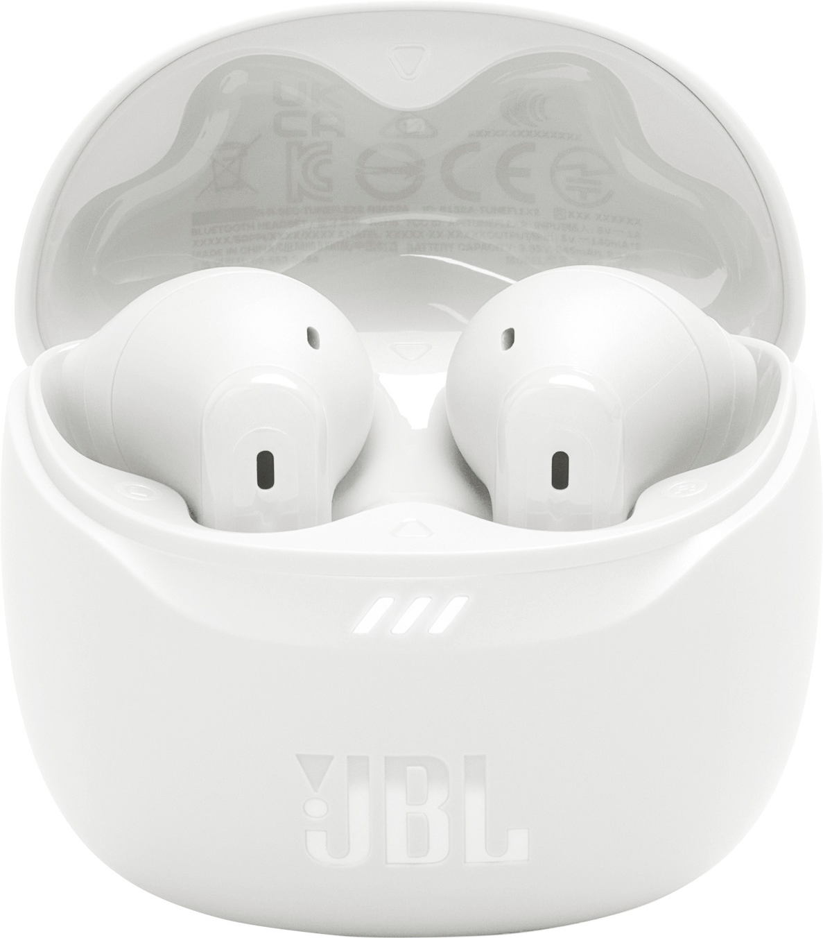 Weiße Ohrhörer in einem weißen Ladecase, mit sichtbarem JBL-Logo.