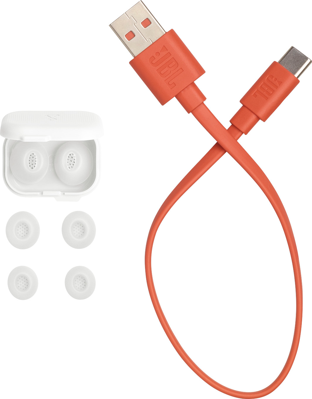 Oranges USB-Kabel und Ladekabel mit Ohrhörern und weißem Etui.