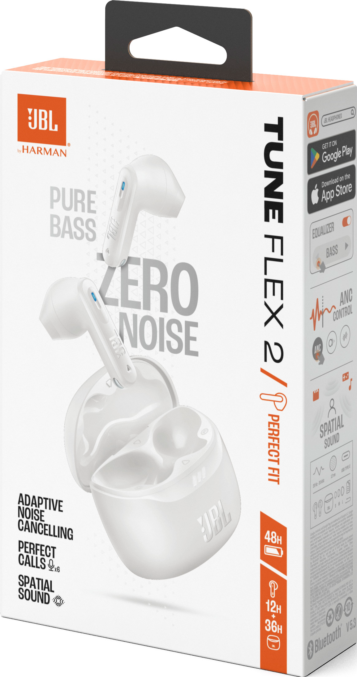 Eine weiße Schachtel mit JBL Tune Flex 2 Ohrhörern. Die Schachtel zeigt das Produkt und die Funktionen der Ohrhörer.