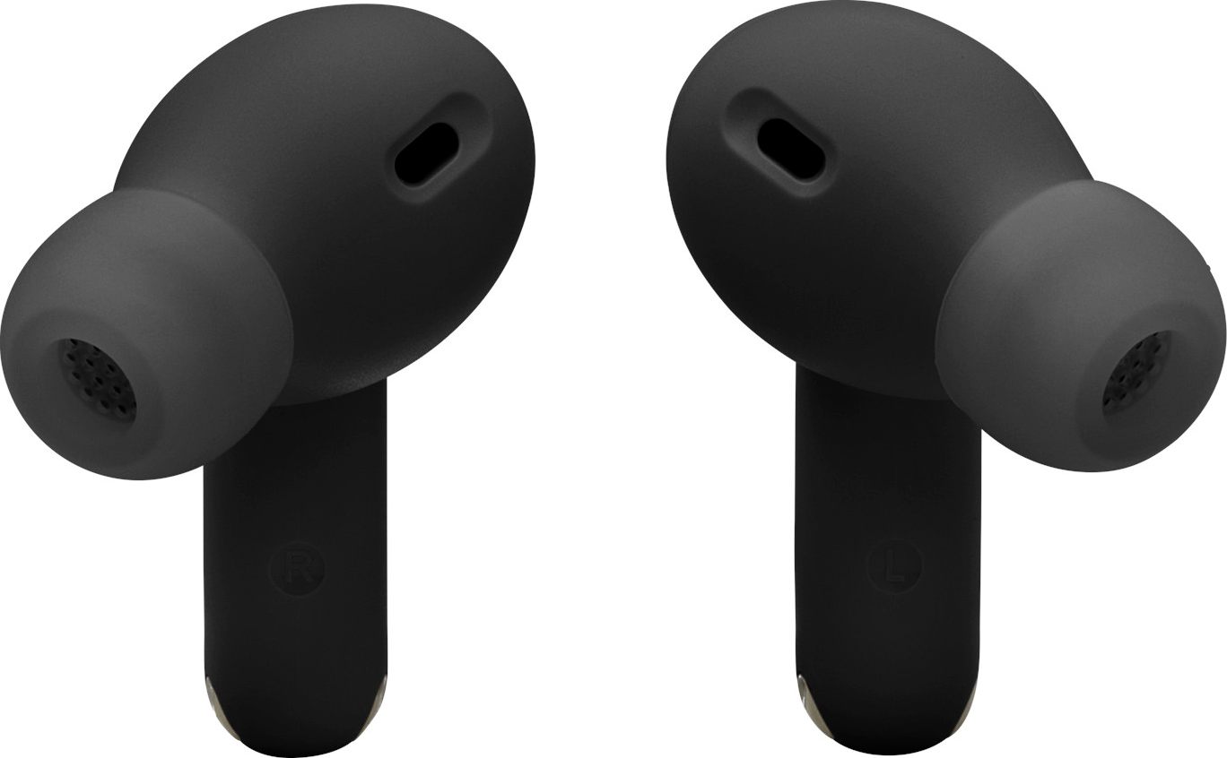 Deux écouteurs noirs avec des embouts gris. Les écouteurs se font face.